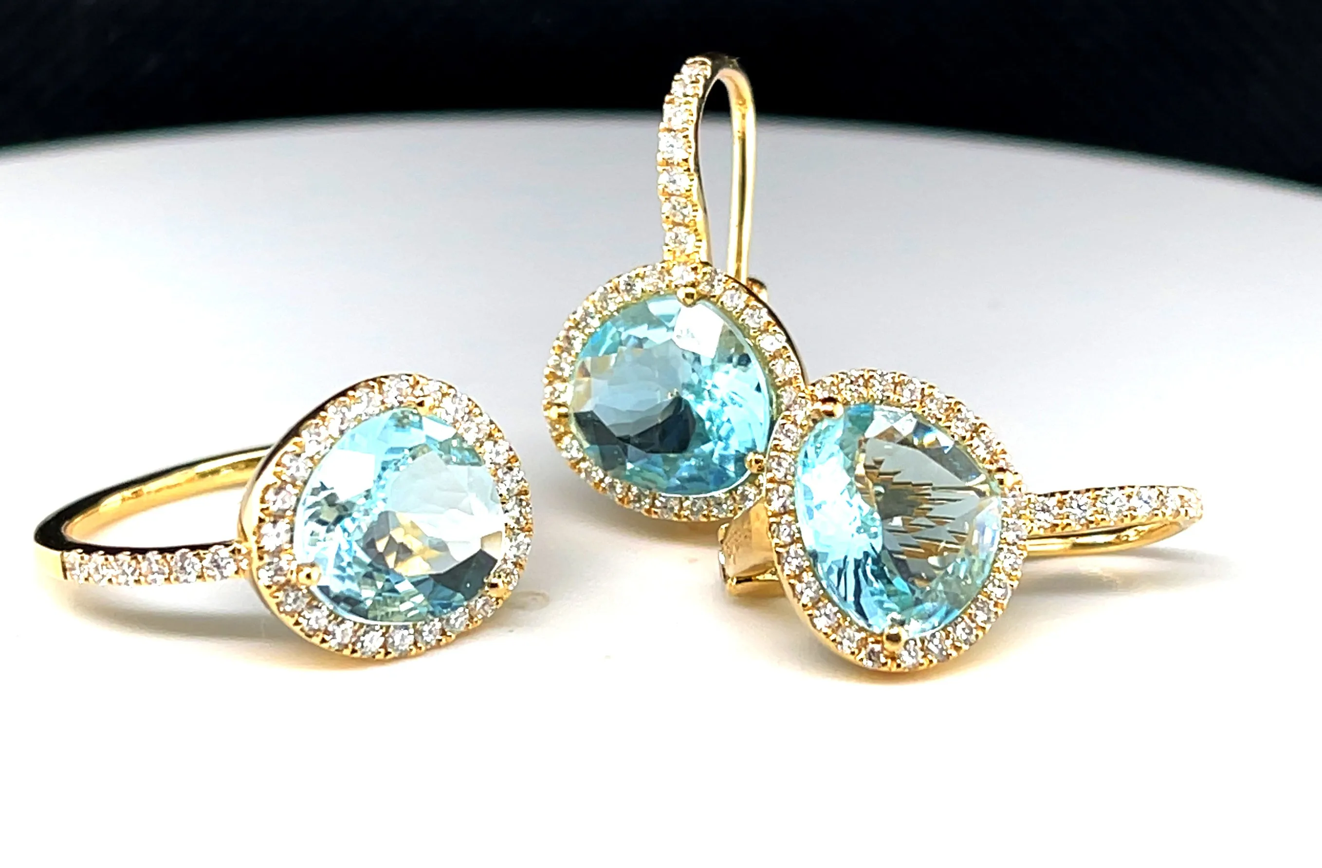 Faceted Blue Topaz and Diamond Halo Yellow Gold Lever Back Drop Earrings