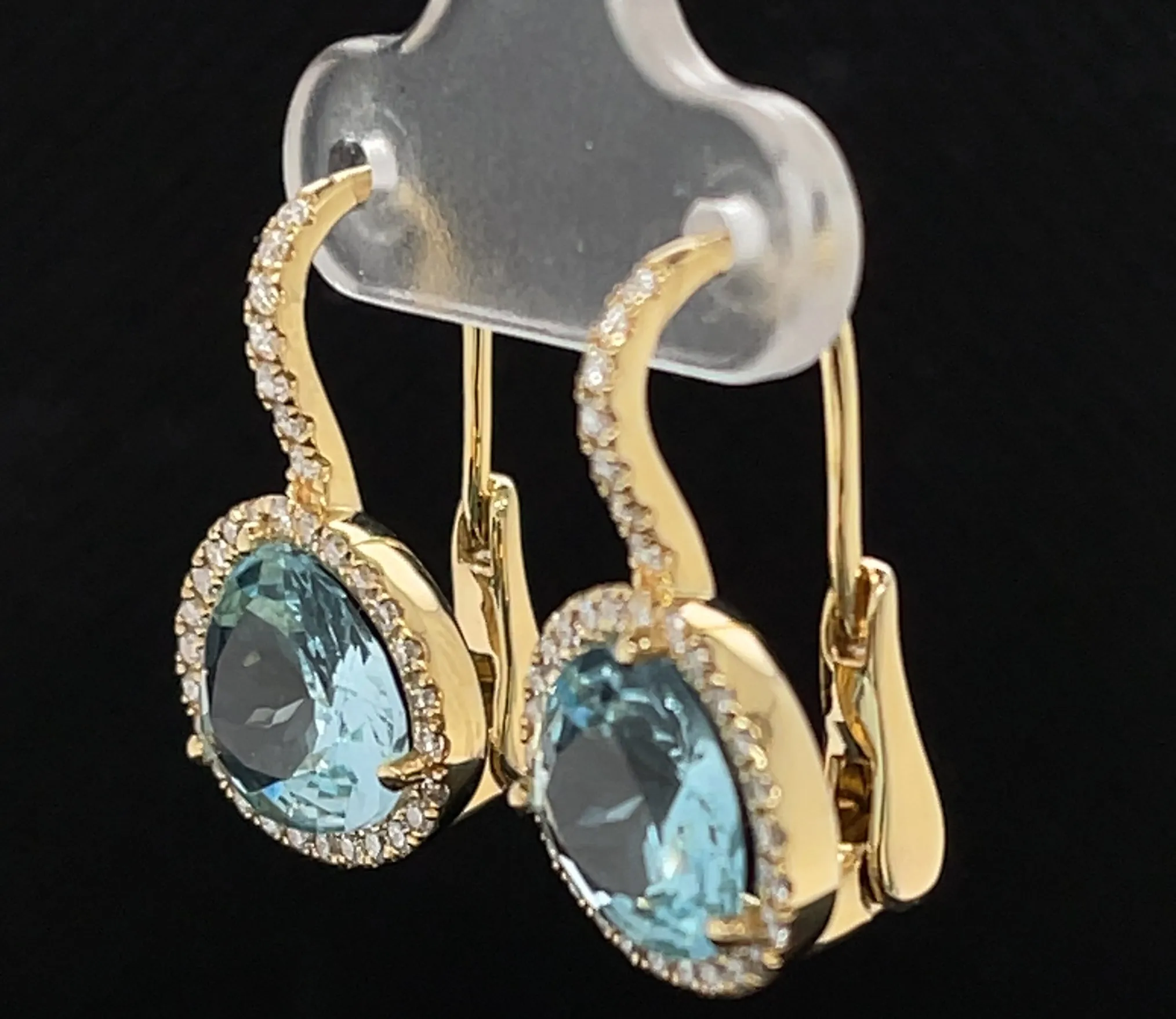 Faceted Blue Topaz and Diamond Halo Yellow Gold Lever Back Drop Earrings