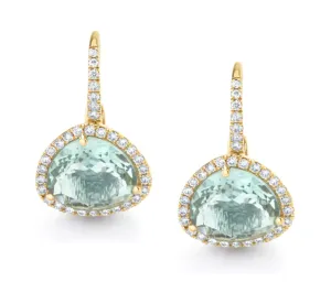 Faceted Blue Topaz and Diamond Halo Yellow Gold Lever Back Drop Earrings