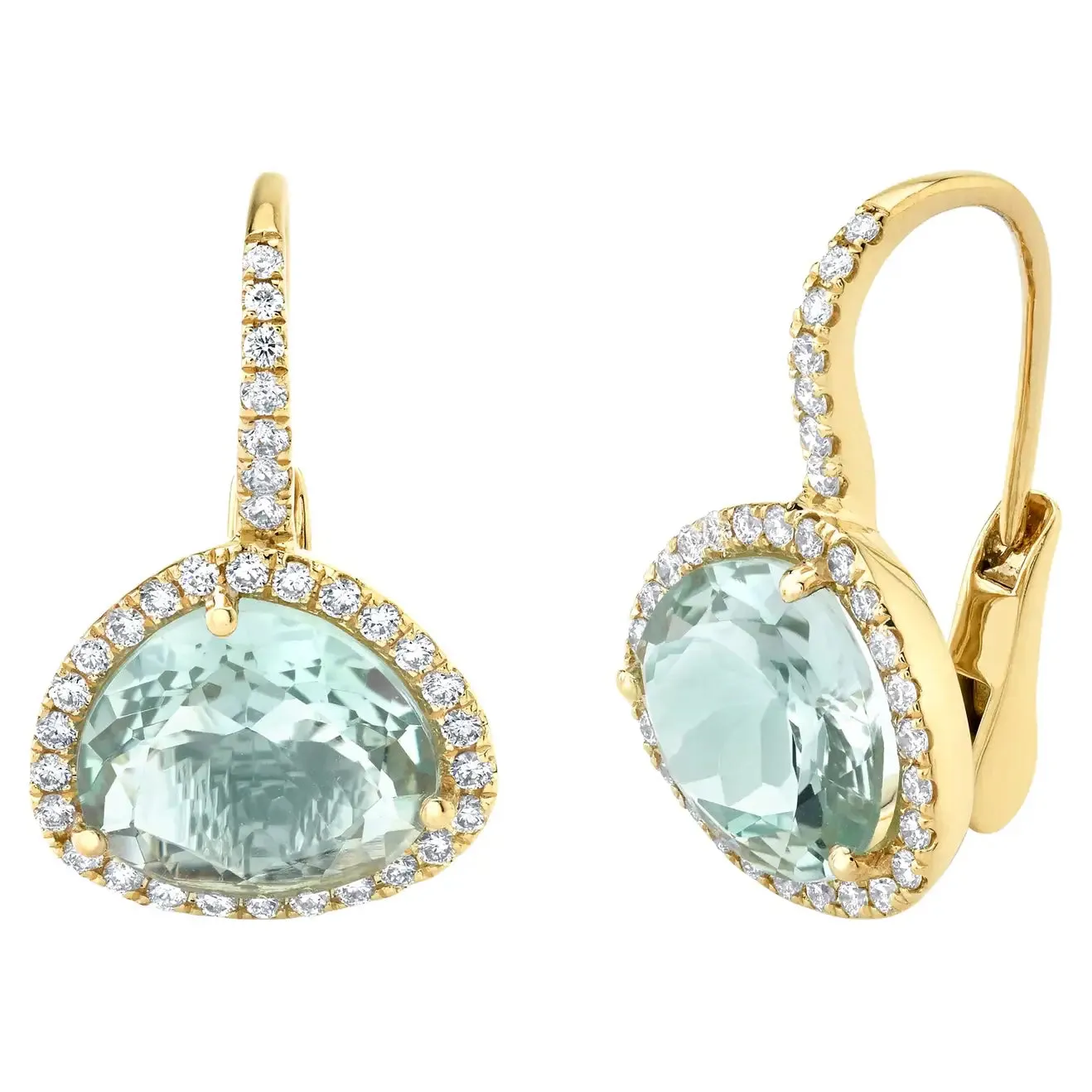 Faceted Blue Topaz and Diamond Halo Yellow Gold Lever Back Drop Earrings