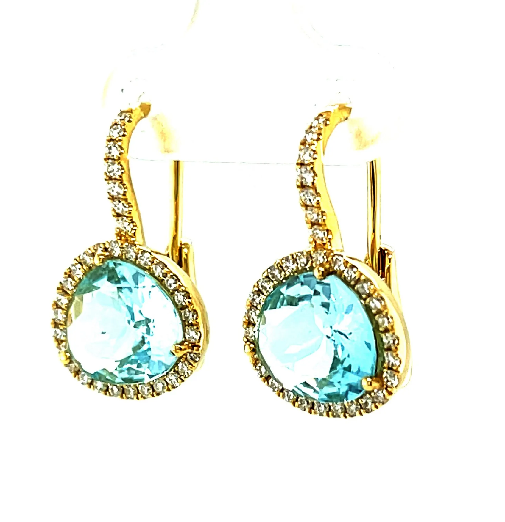Faceted Blue Topaz and Diamond Halo Yellow Gold Lever Back Drop Earrings