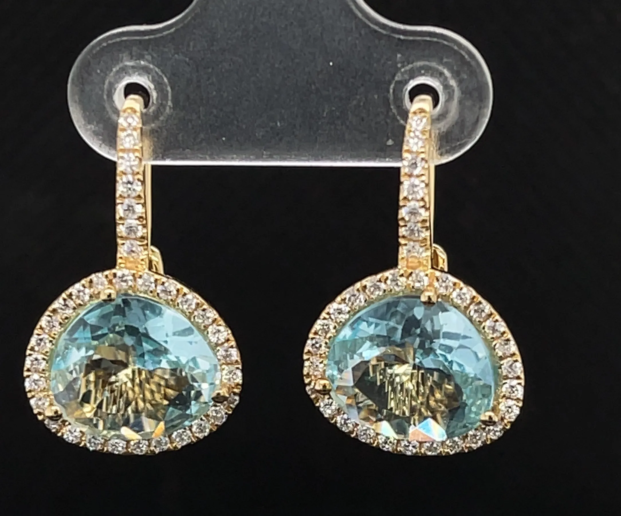 Faceted Blue Topaz and Diamond Halo Yellow Gold Lever Back Drop Earrings