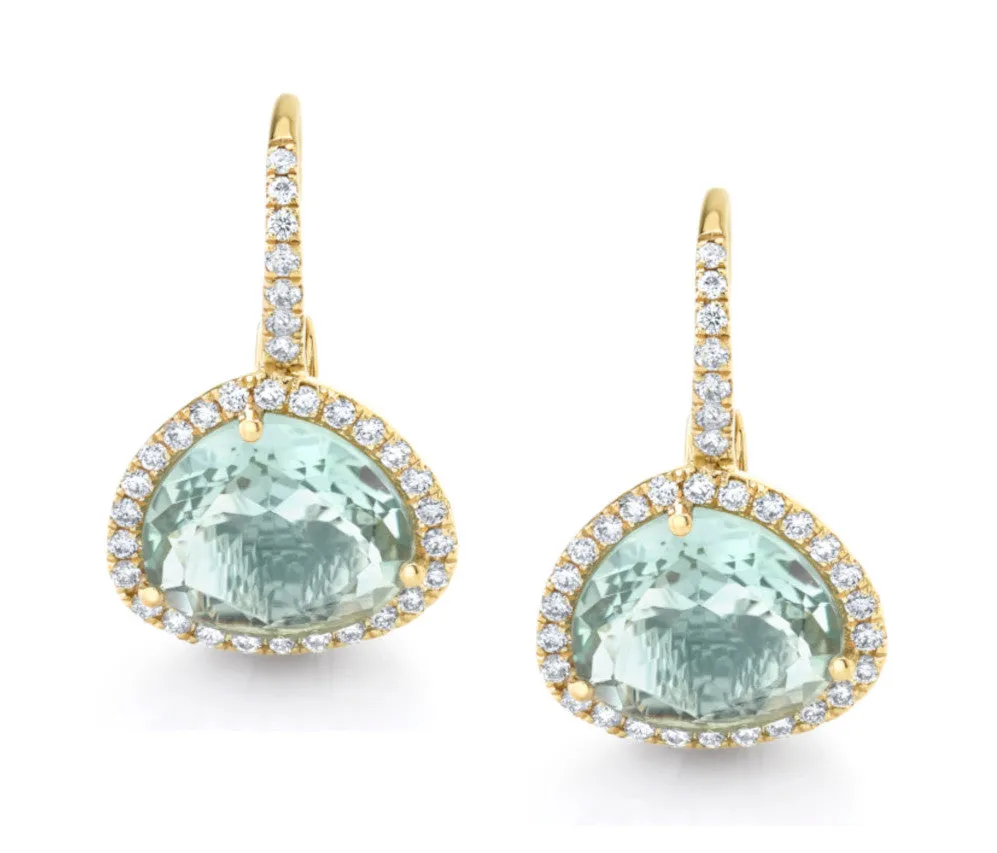 Faceted Blue Topaz and Diamond Halo Yellow Gold Lever Back Drop Earrings