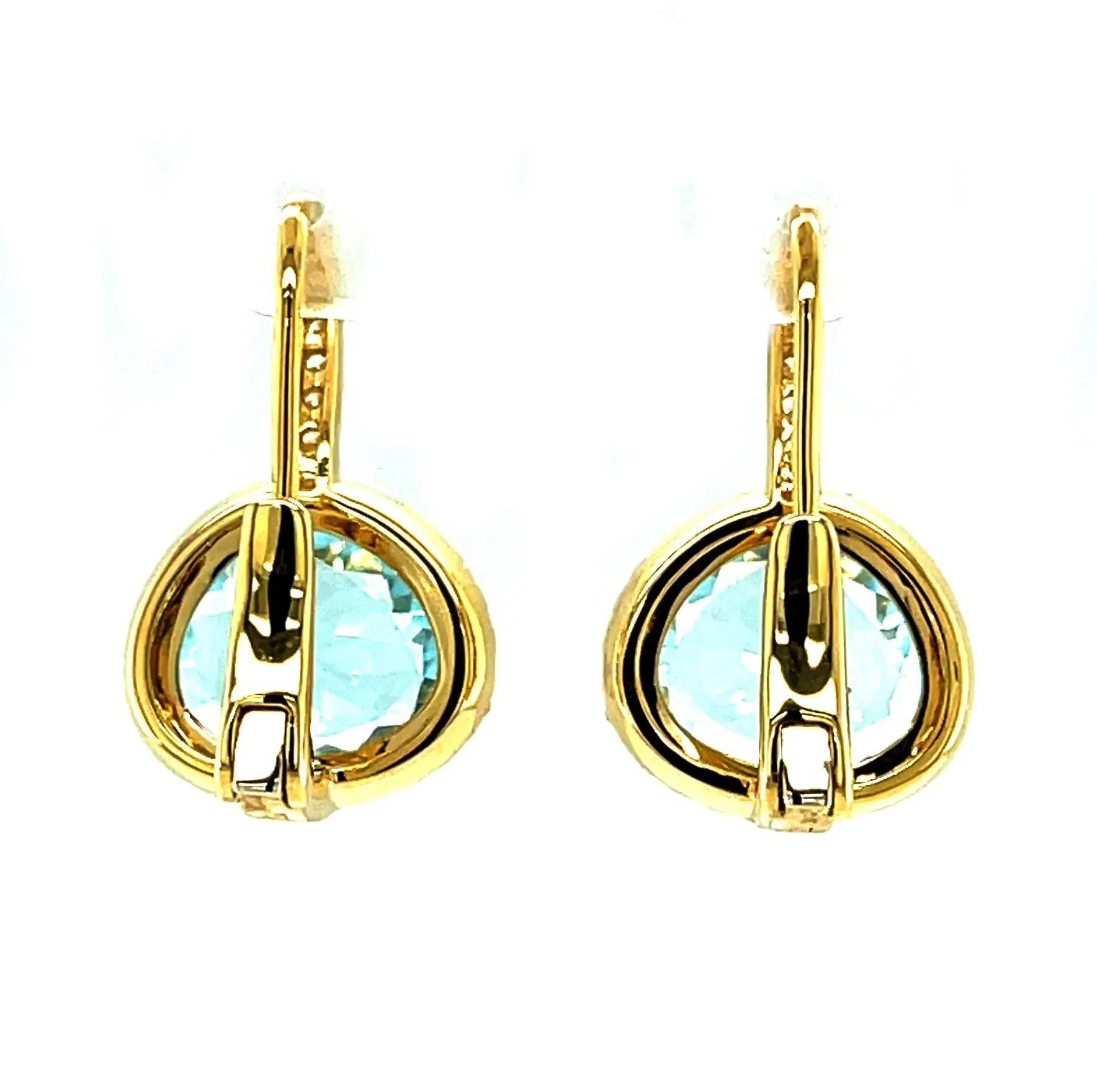 Faceted Blue Topaz and Diamond Halo Yellow Gold Lever Back Drop Earrings