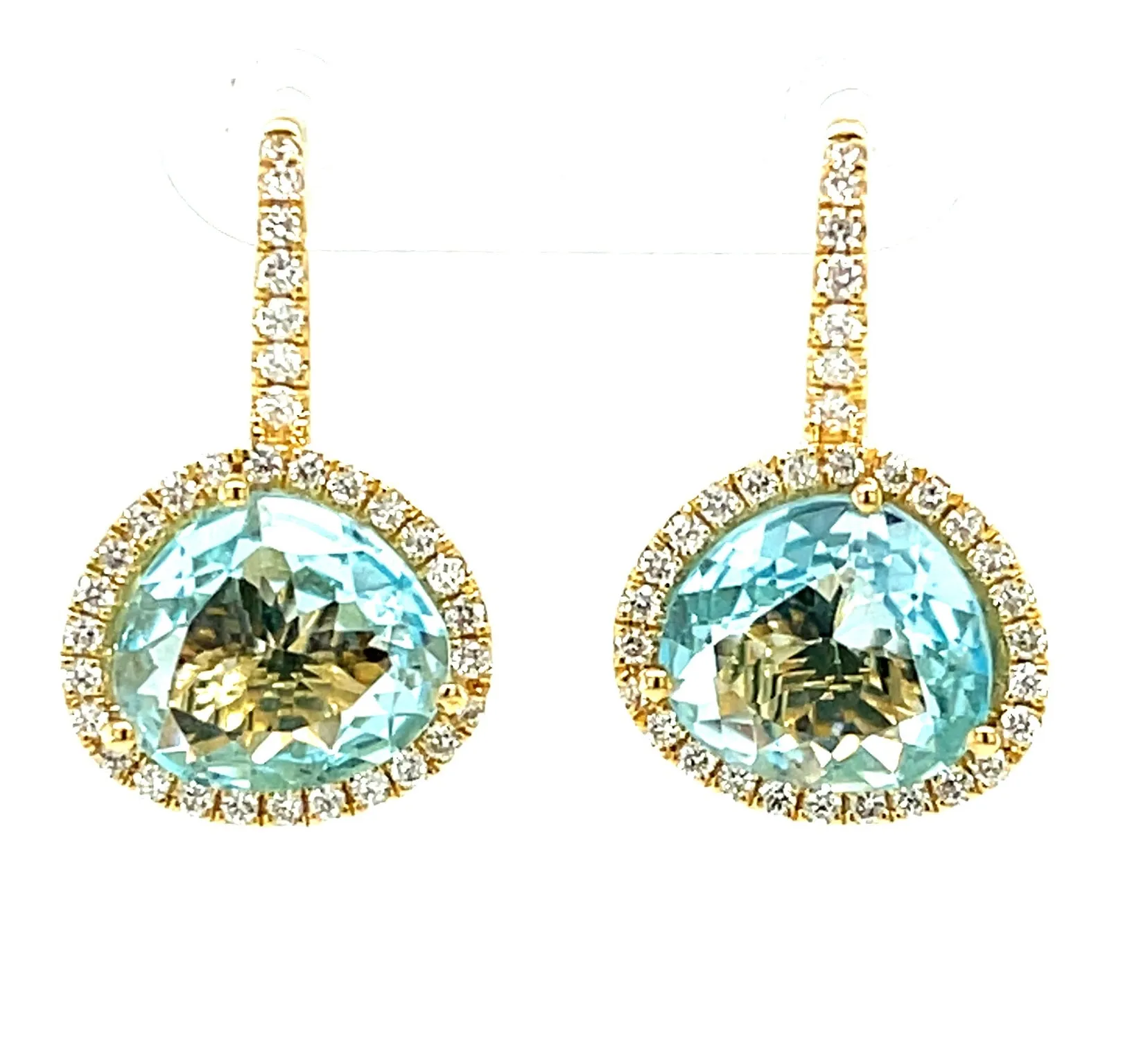 Faceted Blue Topaz and Diamond Halo Yellow Gold Lever Back Drop Earrings