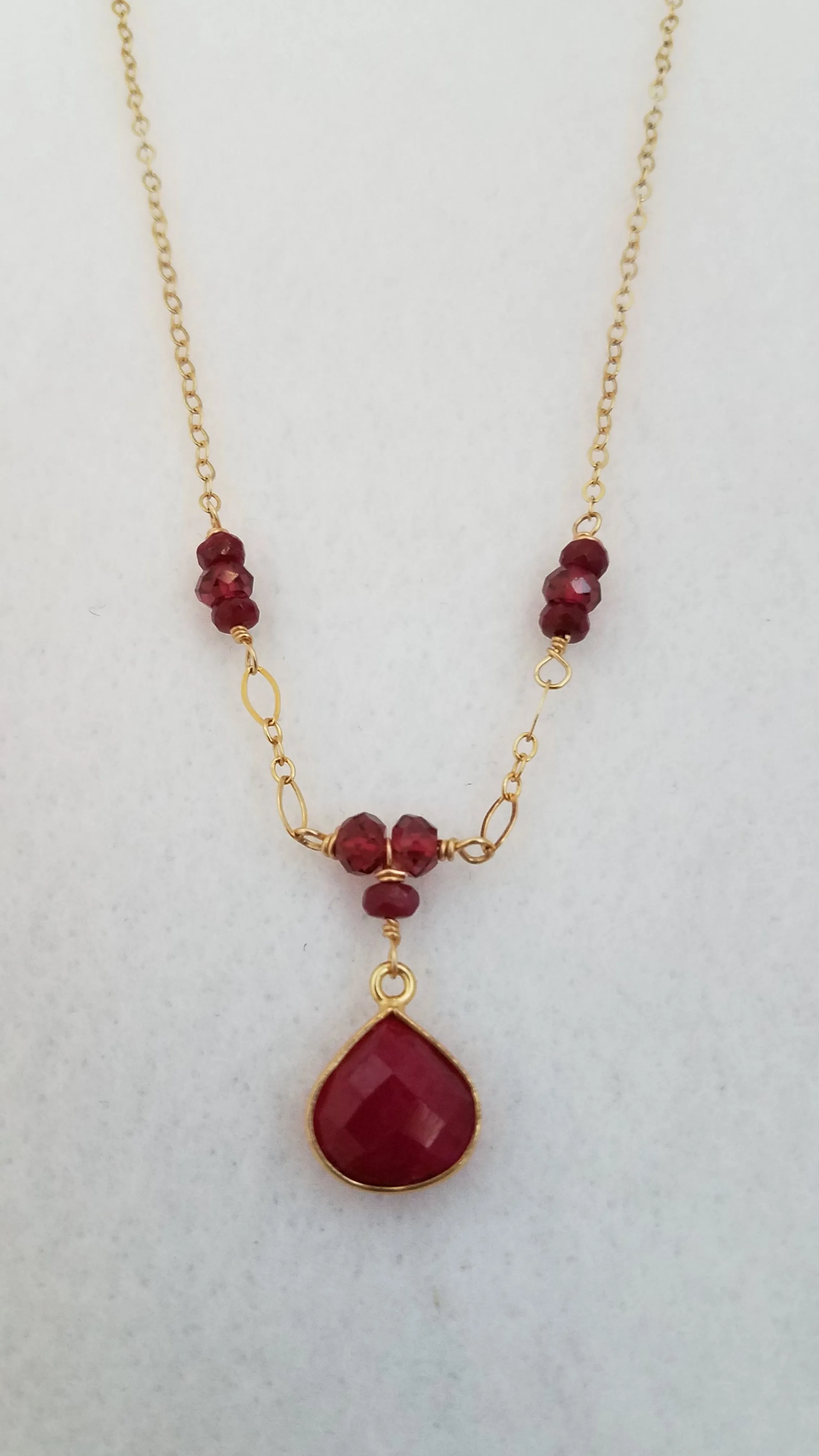 Faceted Ruby Tear Drop With Faceted Garnet Gemstone Necklace on Gold-Filled Chain.