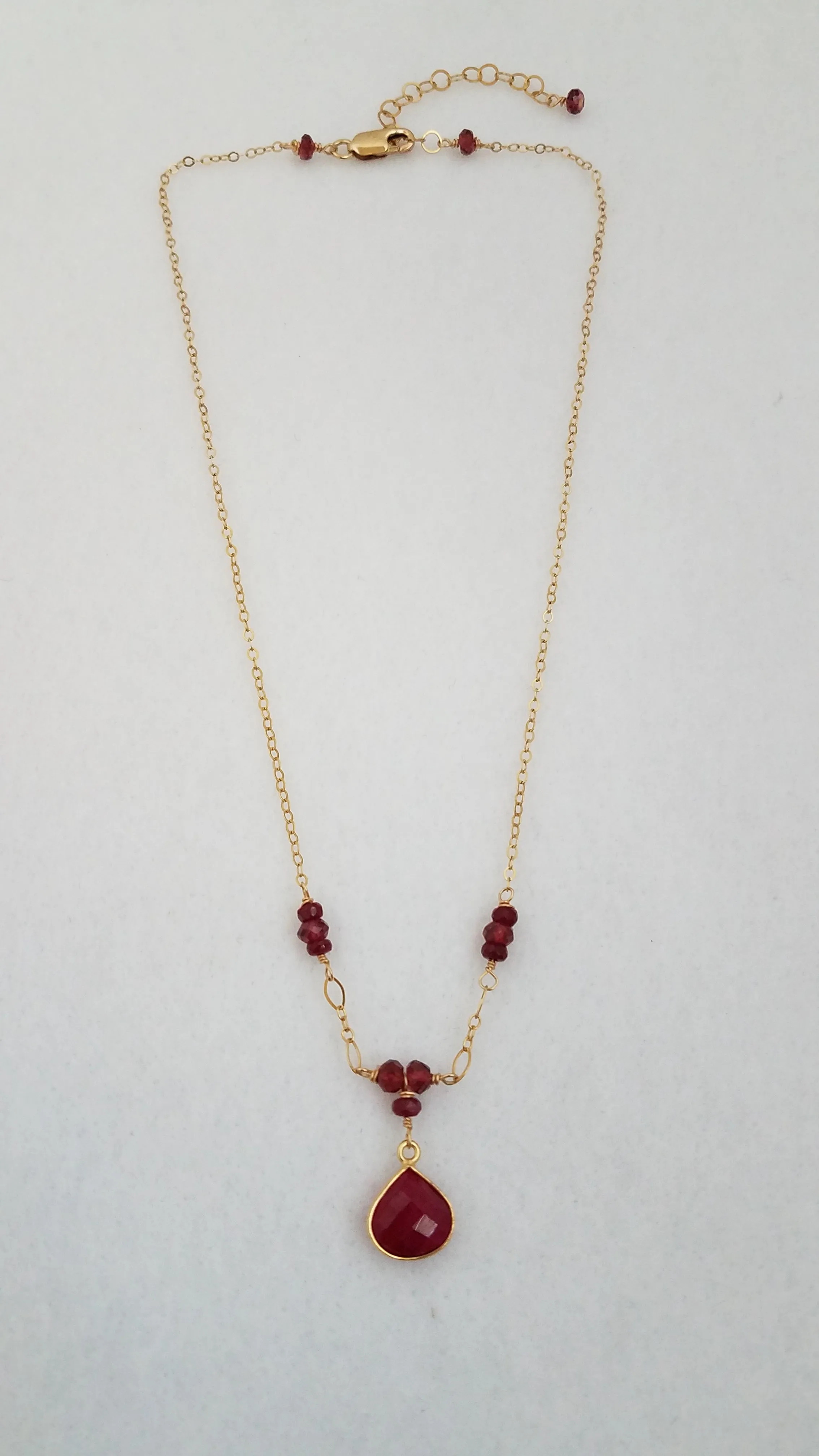 Faceted Ruby Tear Drop With Faceted Garnet Gemstone Necklace on Gold-Filled Chain.