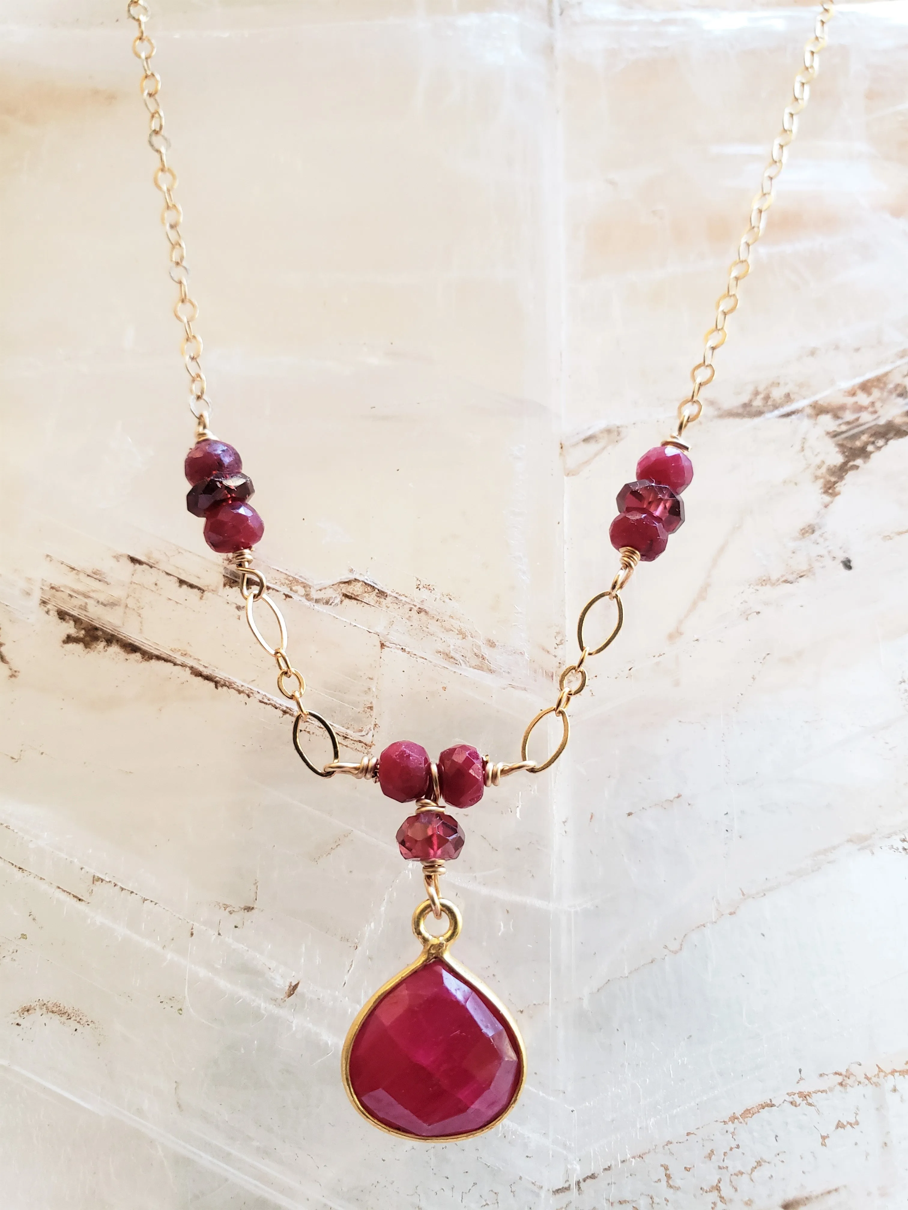 Faceted Ruby Tear Drop With Faceted Garnet Gemstone Necklace on Gold-Filled Chain.