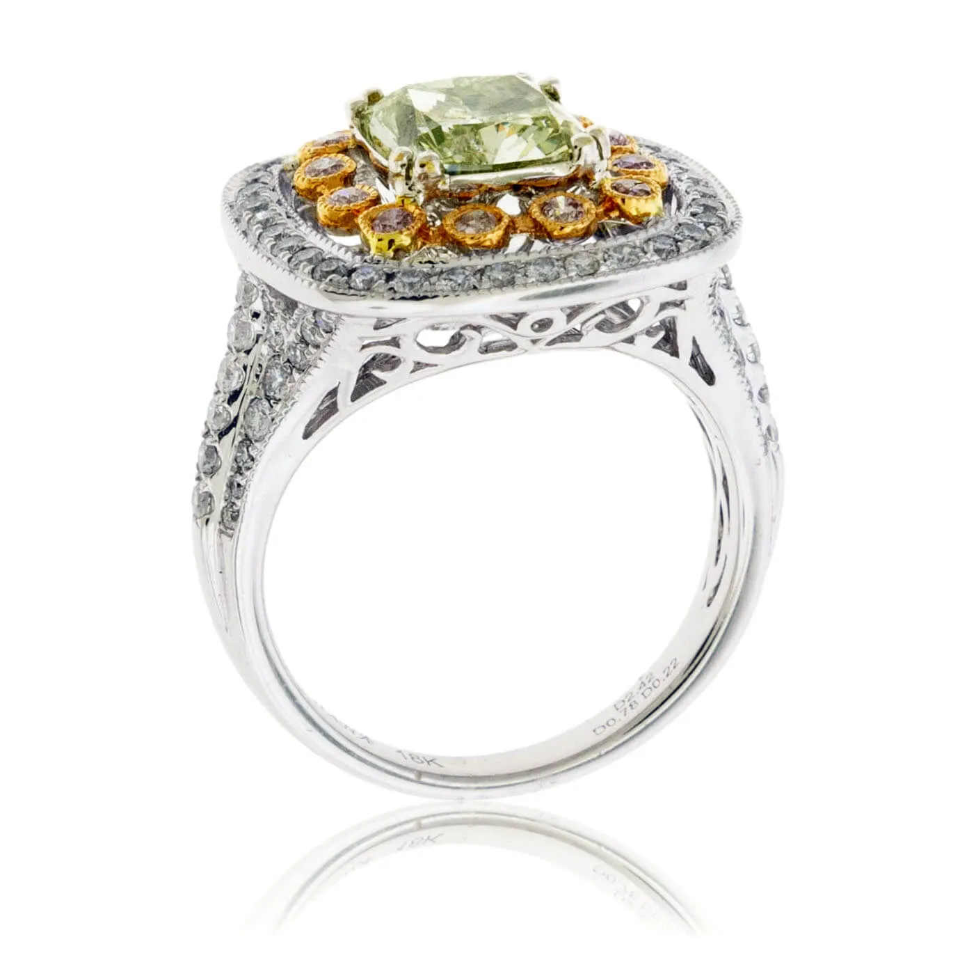 Fancy Natural Green-Yellow Diamond with Pink Diamond & Diamond Halo Ring