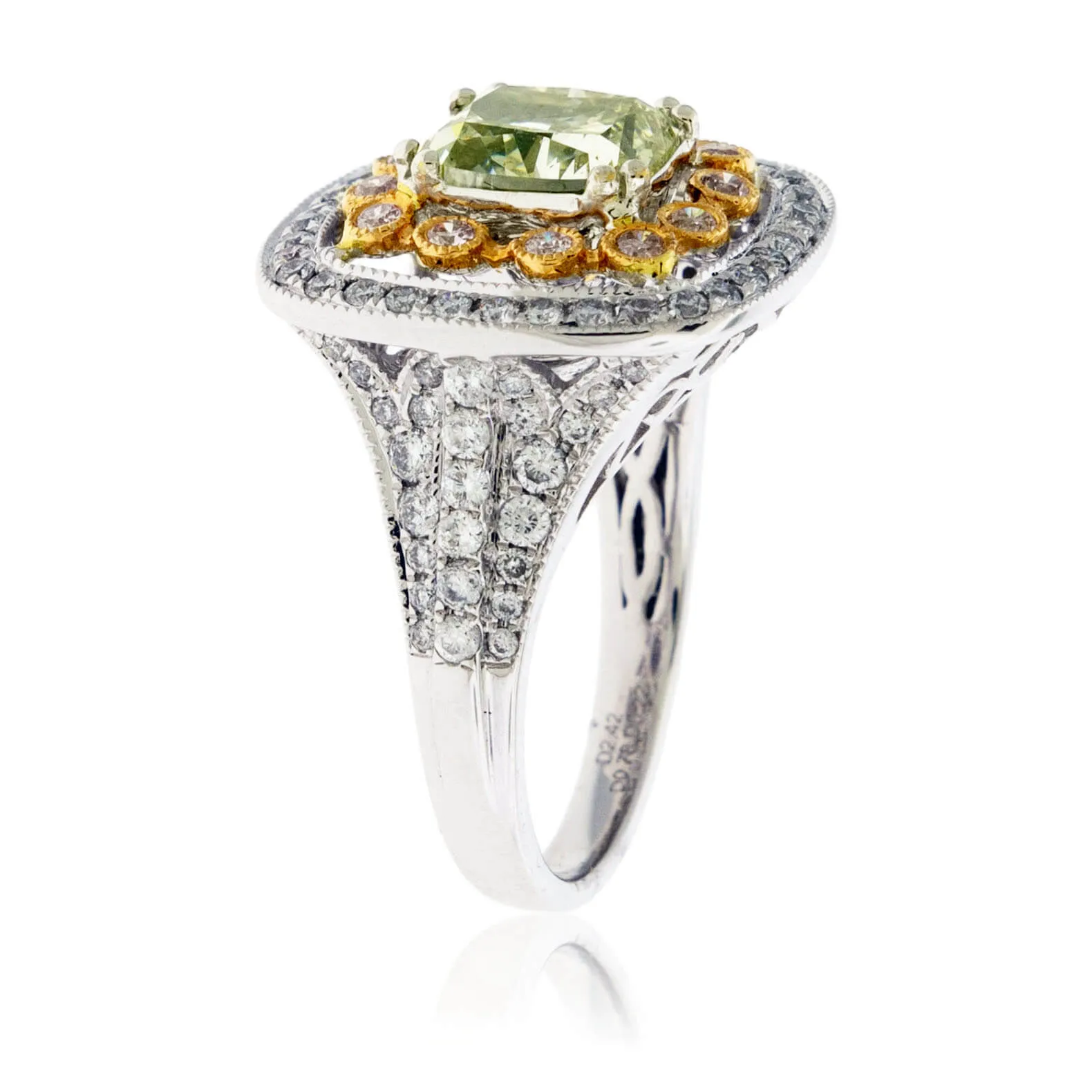 Fancy Natural Green-Yellow Diamond with Pink Diamond & Diamond Halo Ring