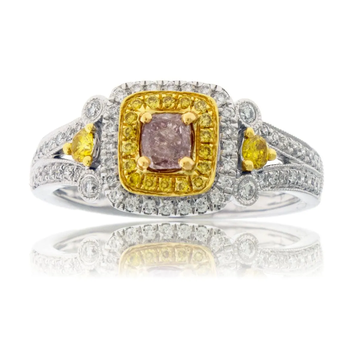 Fancy Natural Pink Diamond Center with Yellow Diamond & Diamond Halo Ring