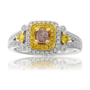 Fancy Natural Pink Diamond Center with Yellow Diamond & Diamond Halo Ring