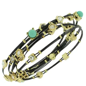 Fashion White CZ Black Cord Simulated Turquoise Whisper Bracelets Set