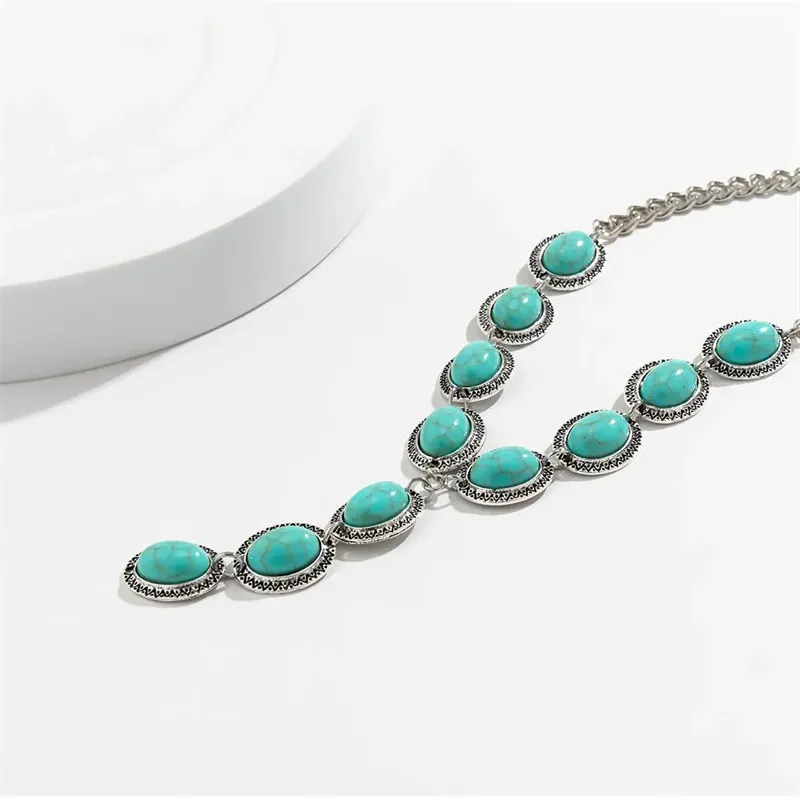 Female Modish Oval Shaped Stone Metal Chain Necklaces