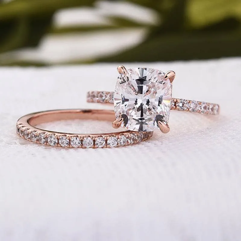 Flash Sale - 3.0ct Cushion Cut Rose Gold Clear Simulated Sapphire Wedding Ring Set