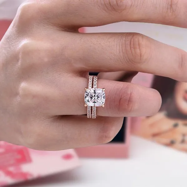 Flash Sale - 3.0ct Cushion Cut Rose Gold Clear Simulated Sapphire Wedding Ring Set