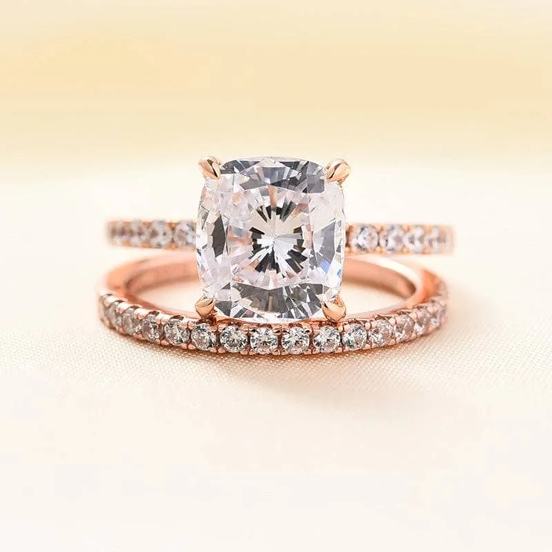 Flash Sale - 3.0ct Cushion Cut Rose Gold Clear Simulated Sapphire Wedding Ring Set