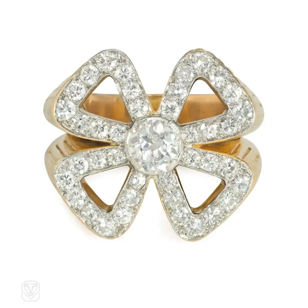 French gold and diamond quatrefoil cocktail ring