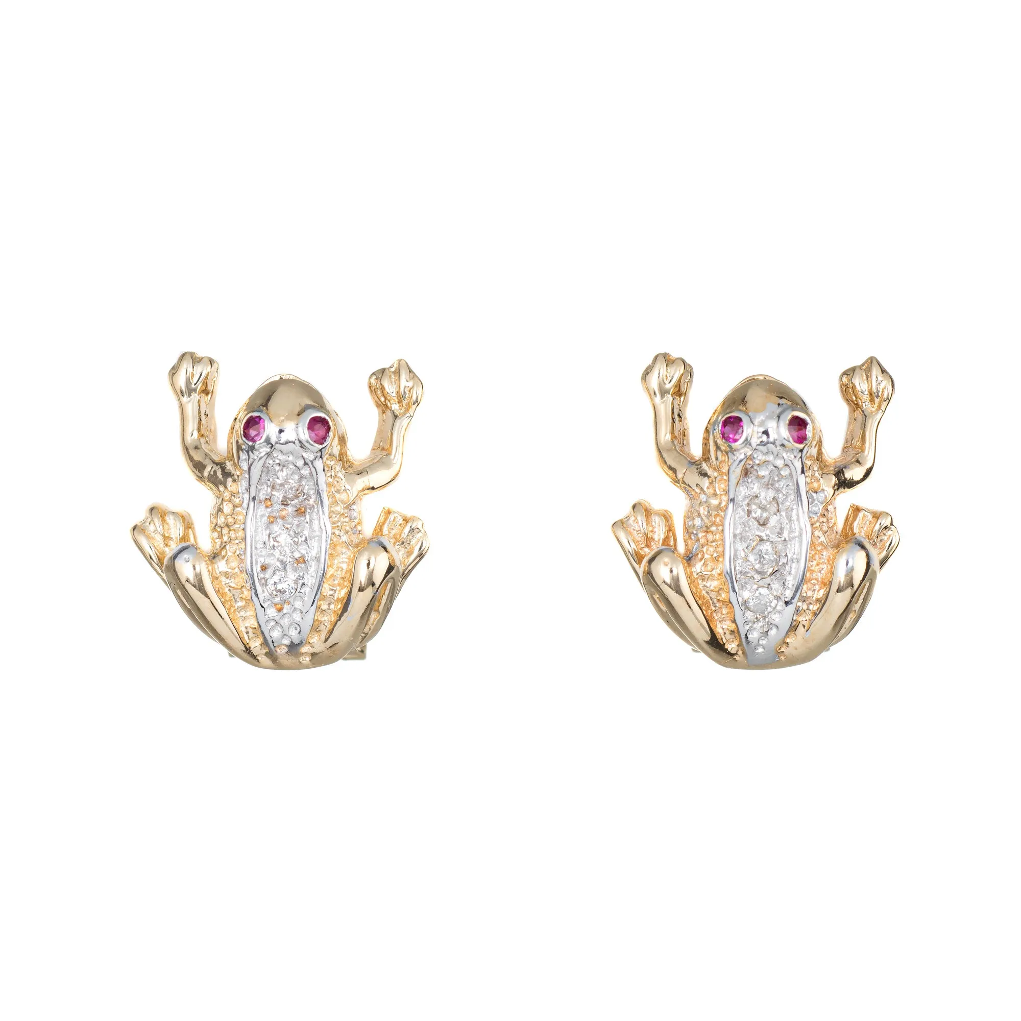 Frog Earrings Diamond Ruby Eyes Vintage 14k Yellow Gold Estate Fine Jewelry