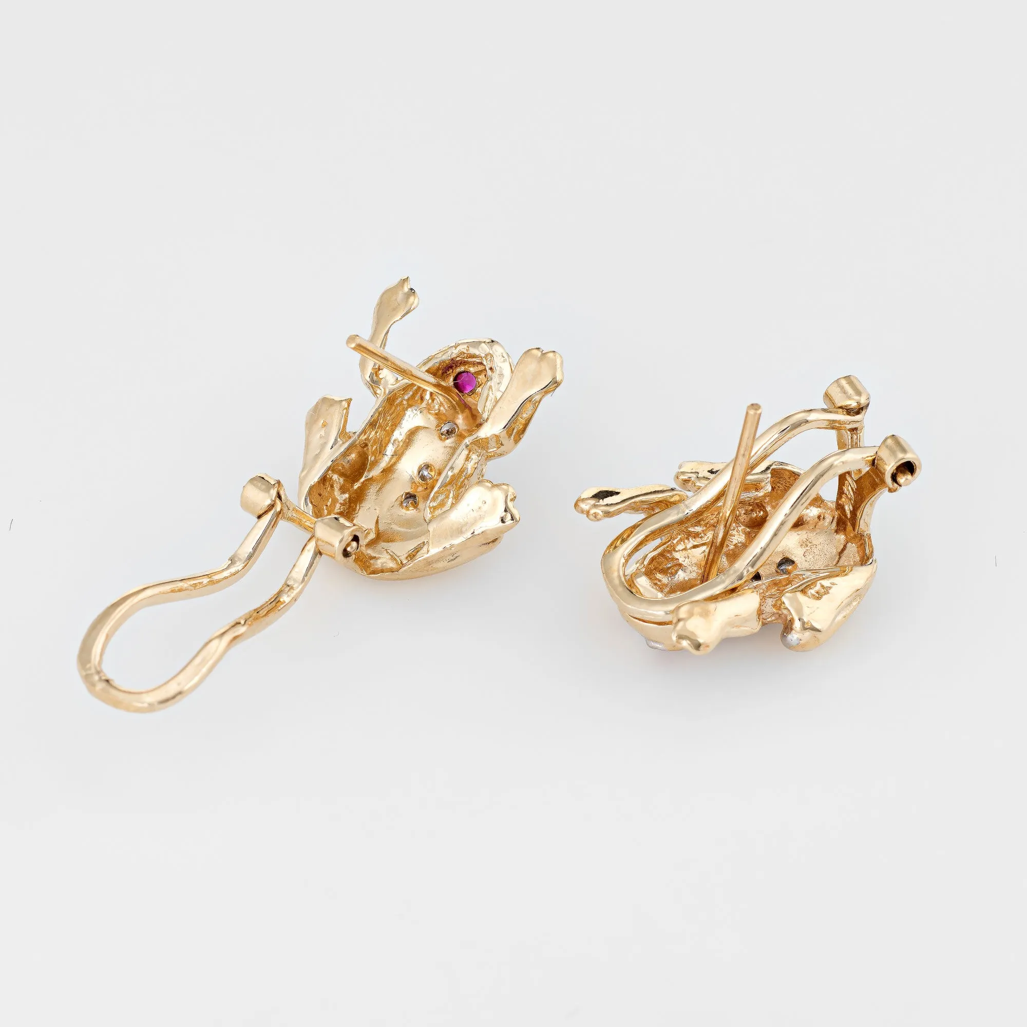 Frog Earrings Diamond Ruby Eyes Vintage 14k Yellow Gold Estate Fine Jewelry
