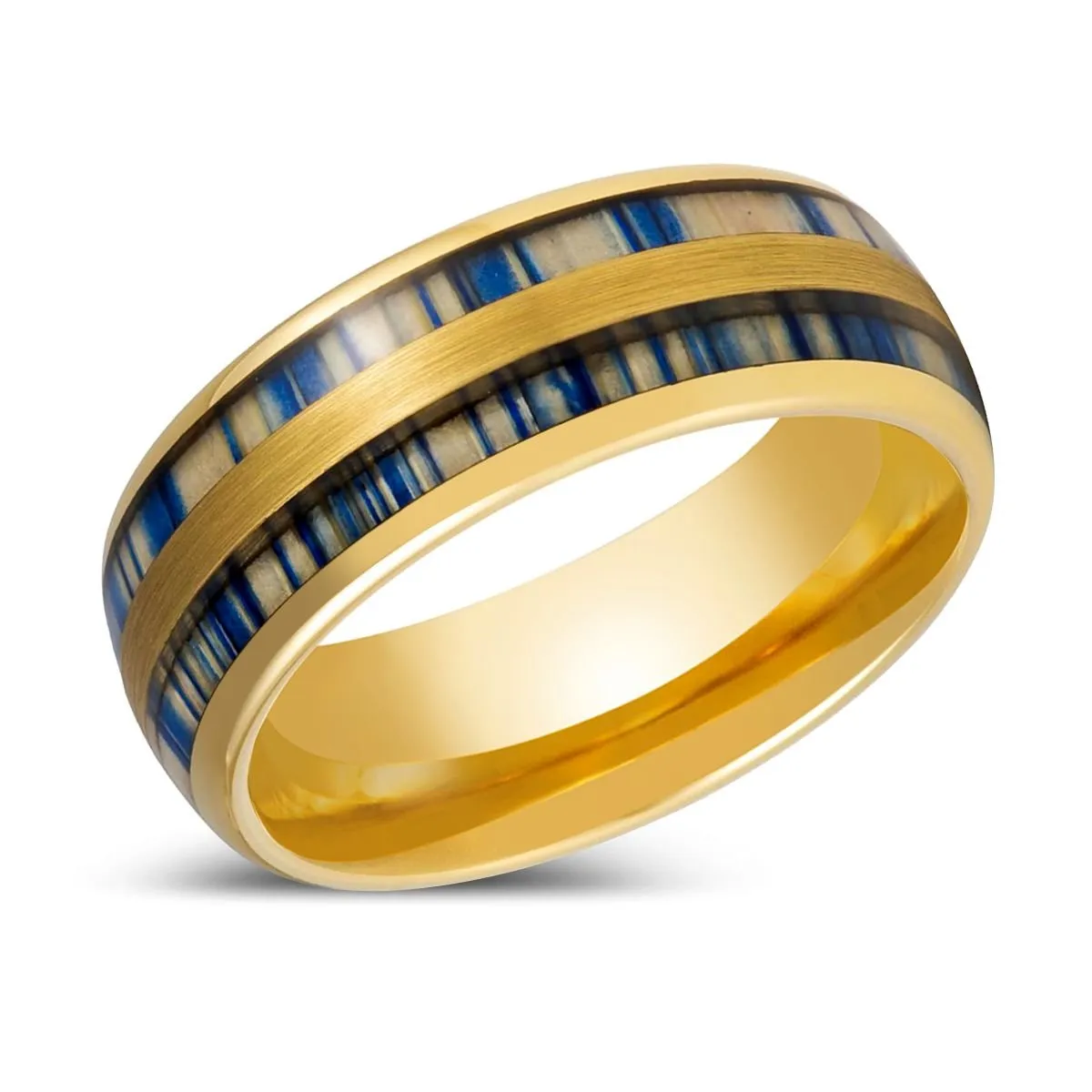 GALLOWAY | Yellow Gold Tungsten Ring Blue Dyed Bamboo Inlay