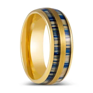 GALLOWAY | Yellow Gold Tungsten Ring Blue Dyed Bamboo Inlay