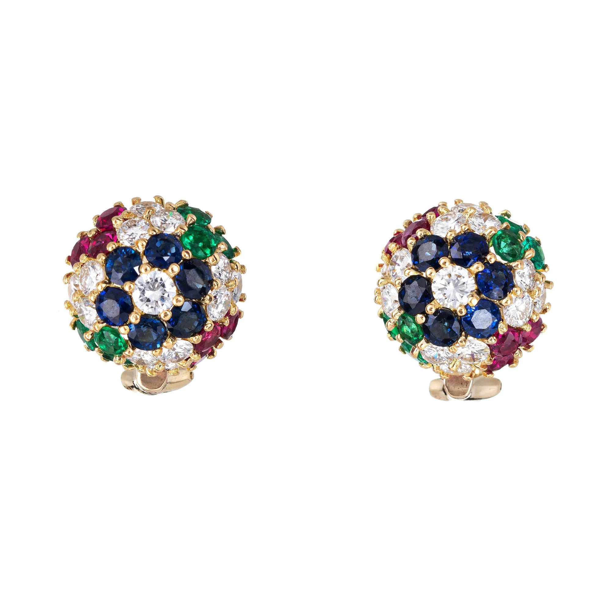 Gemstone Cluster Earrings Dome Vintage 18k Yellow Gold Diamond Sapphire Ruby