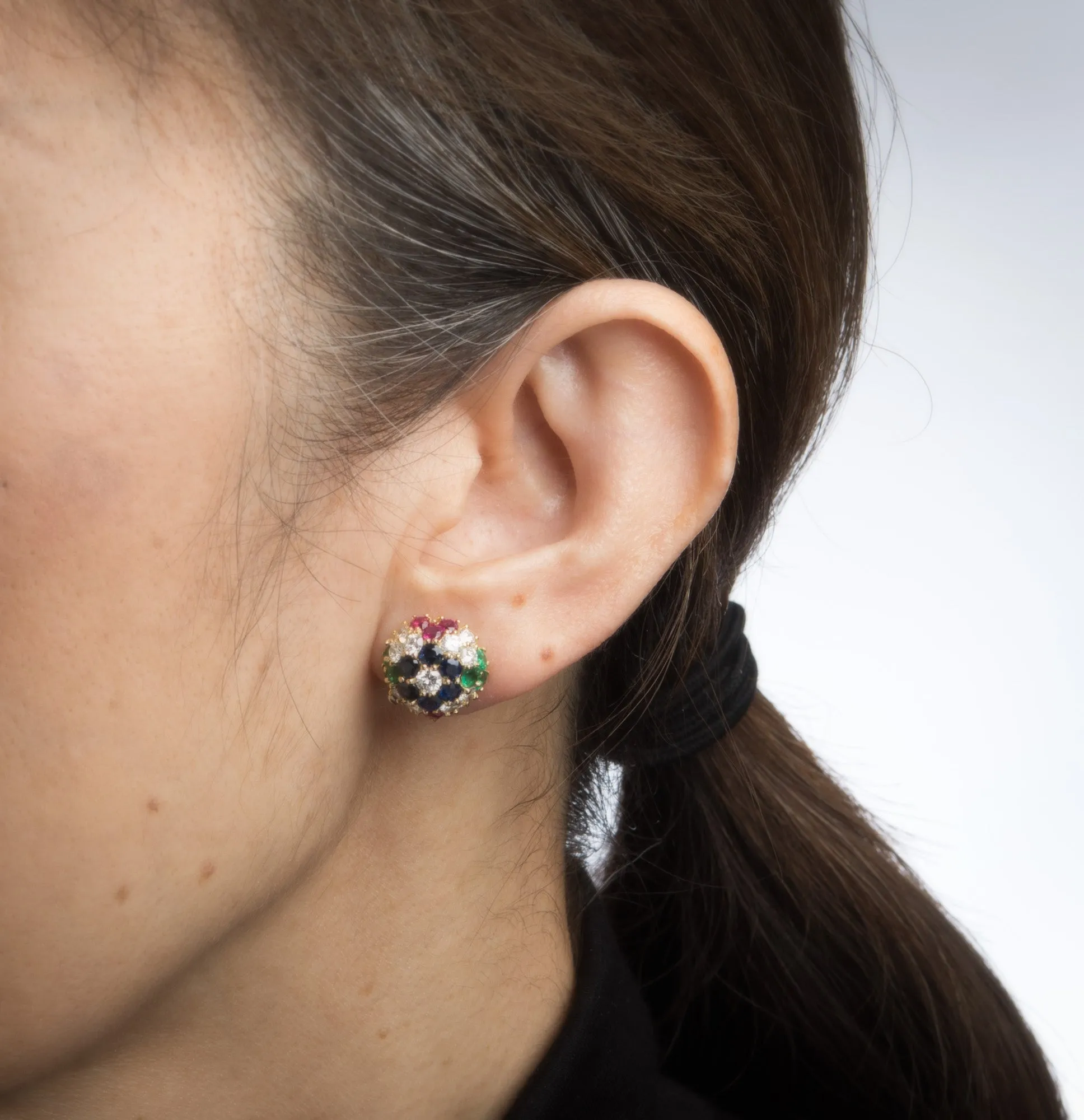 Gemstone Cluster Earrings Dome Vintage 18k Yellow Gold Diamond Sapphire Ruby