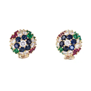 Gemstone Cluster Earrings Dome Vintage 18k Yellow Gold Diamond Sapphire Ruby