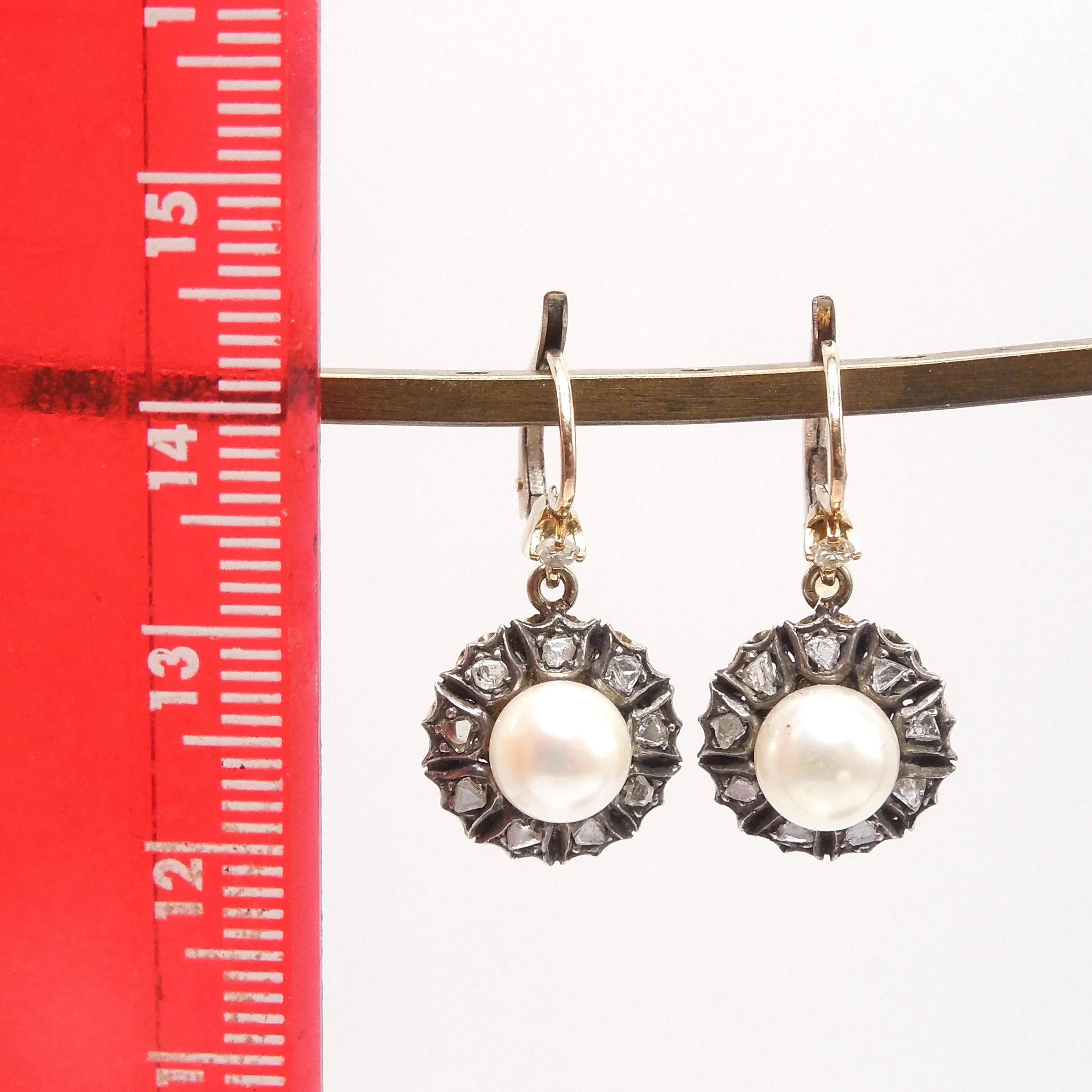 Georgian Style Rose Cut Diamond and Pearl Drop Earrings in 14K Yellow Gold and Sterling Silver