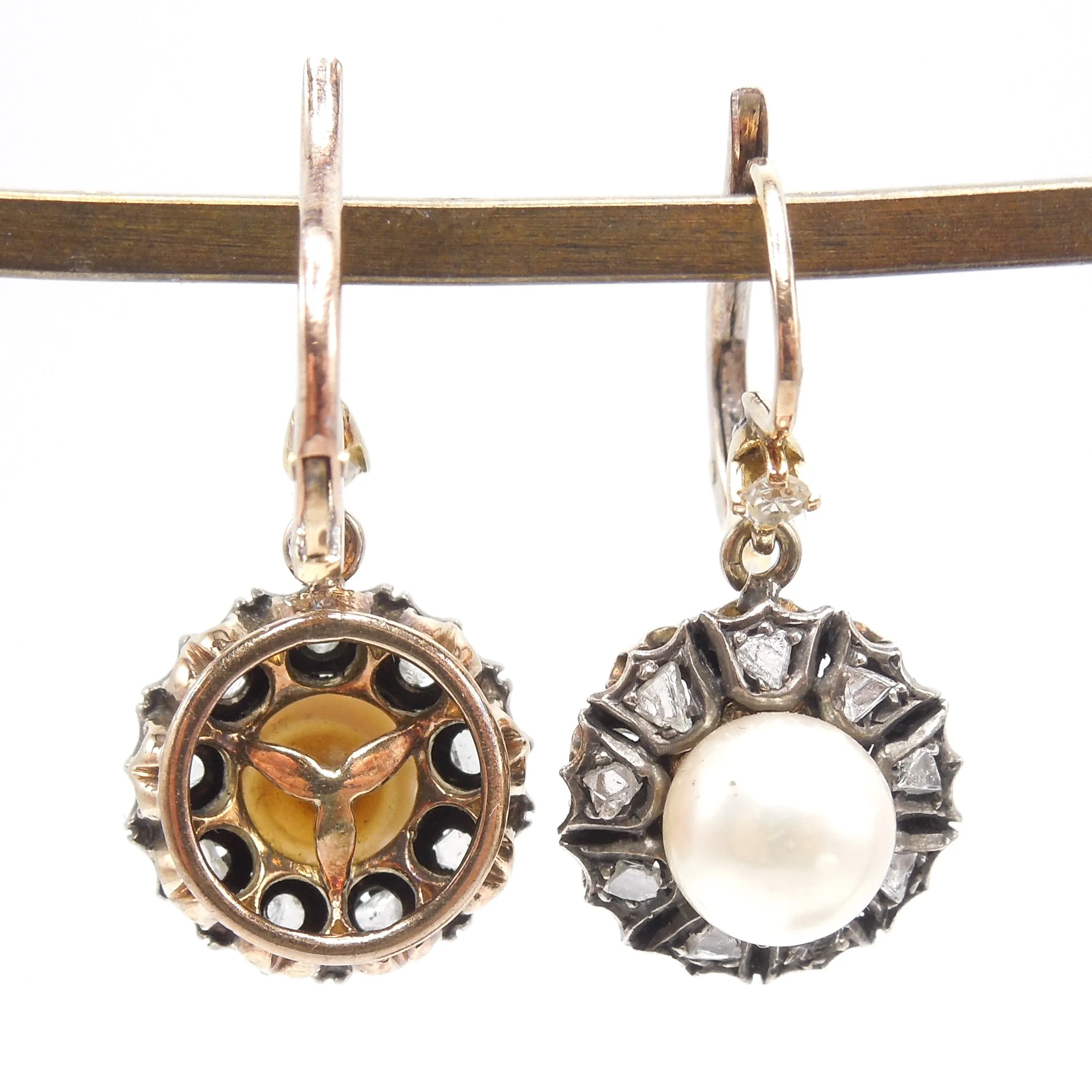 Georgian Style Rose Cut Diamond and Pearl Drop Earrings in 14K Yellow Gold and Sterling Silver