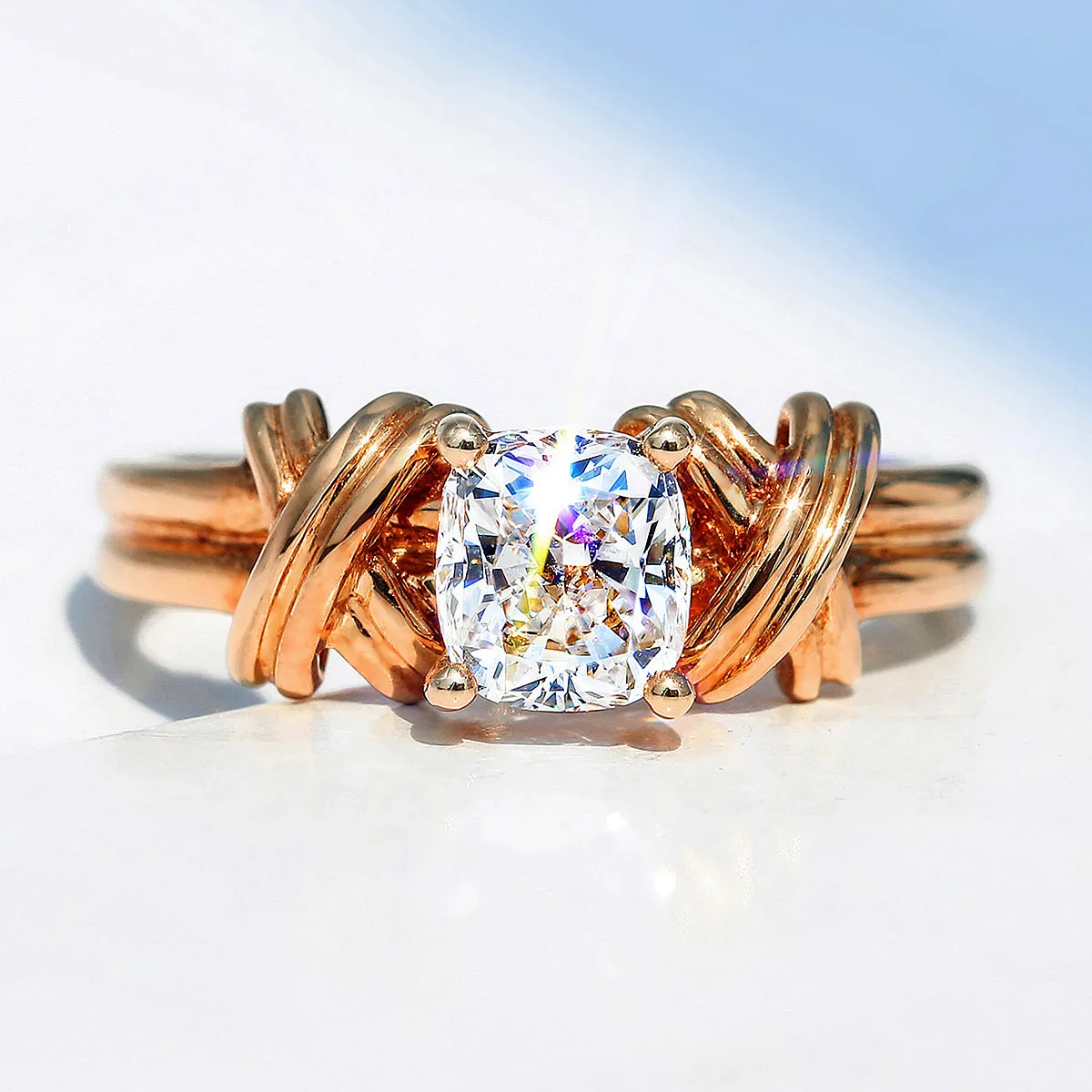 GIA Cushion Cut Diamond Engagement Ring with Cross Band