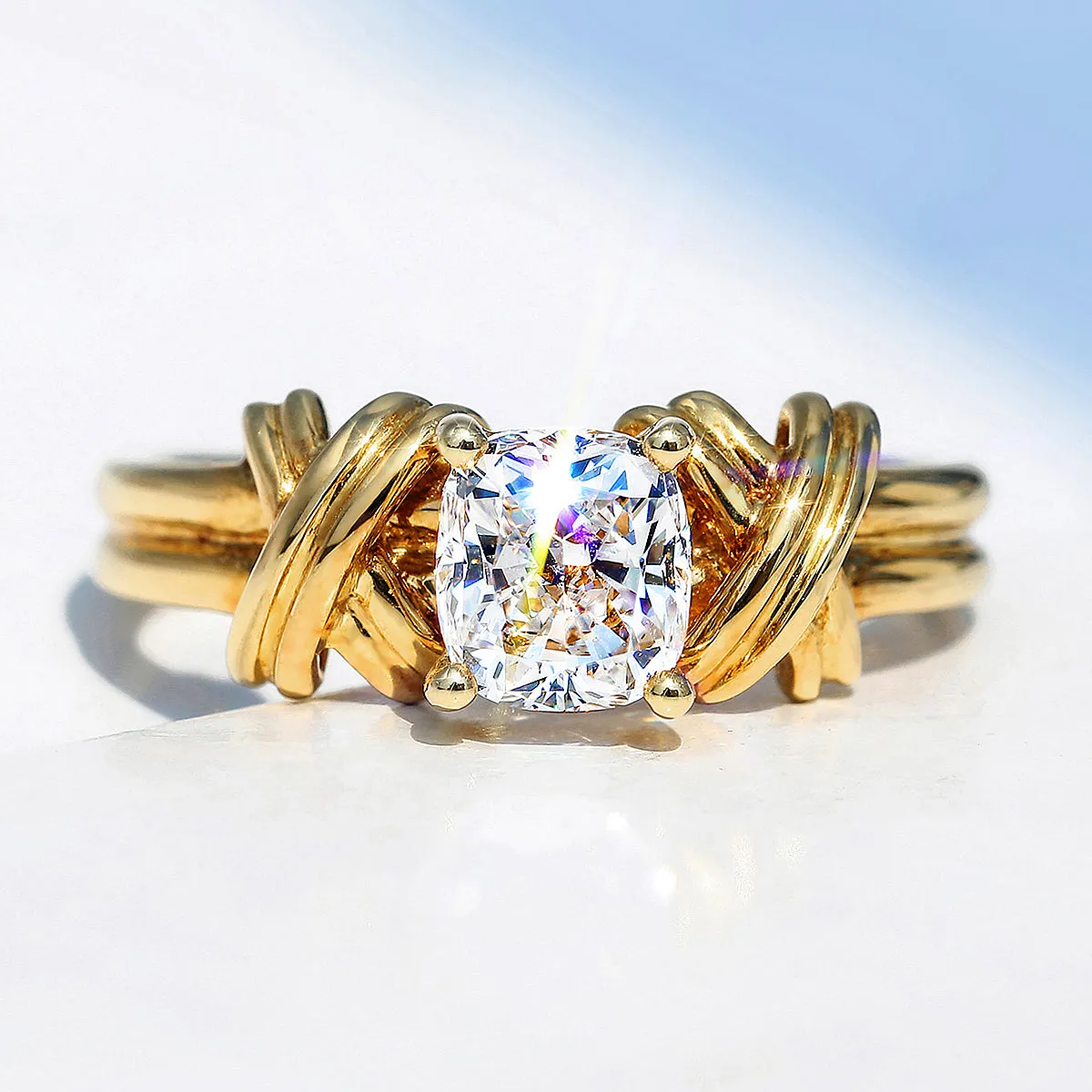 GIA Cushion Cut Diamond Engagement Ring with Cross Band