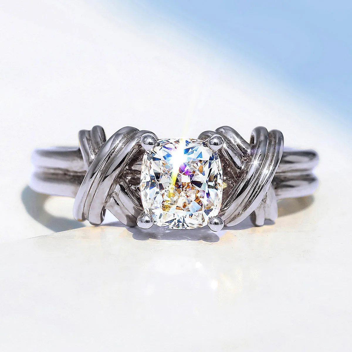 GIA Cushion Cut Diamond Engagement Ring with Cross Band