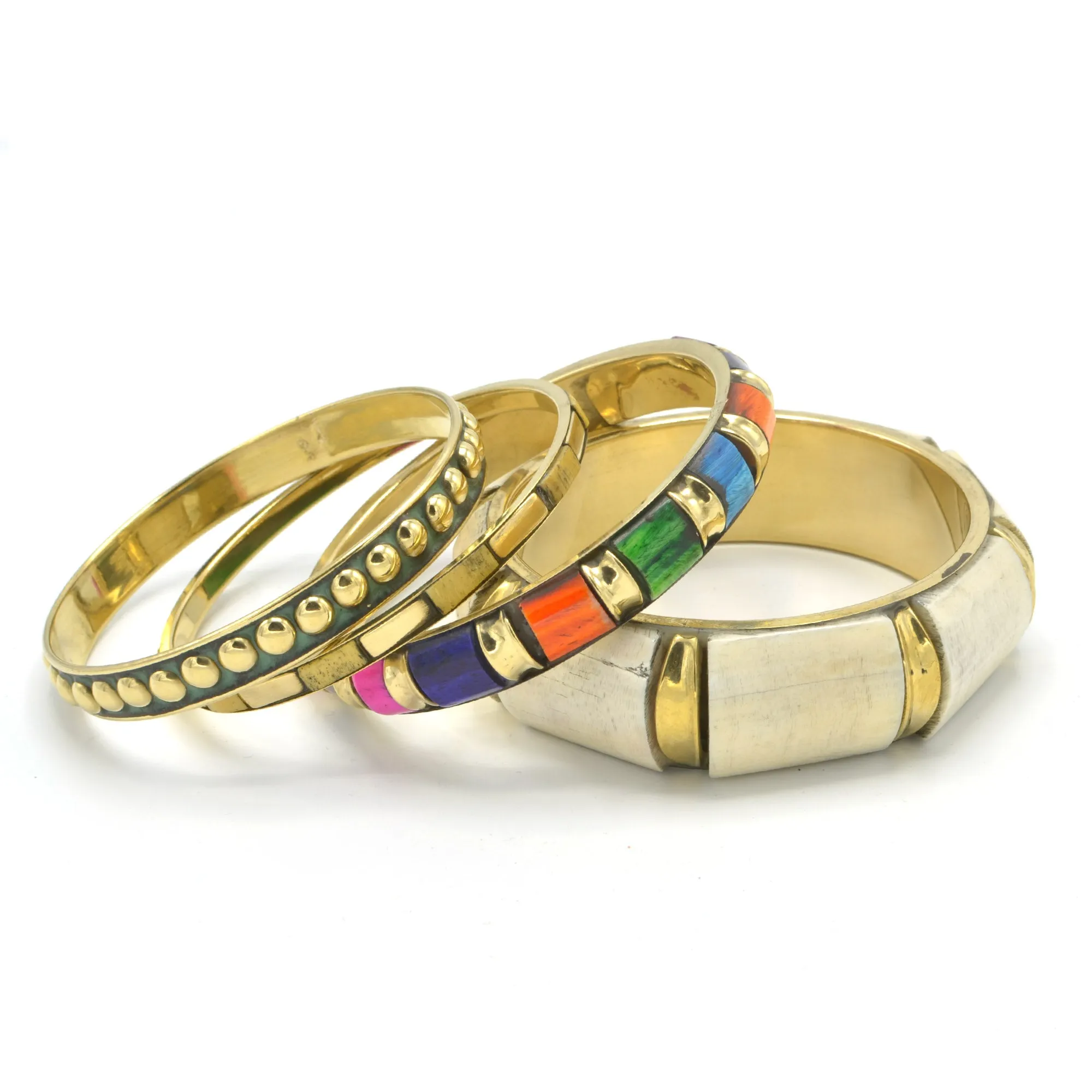 GOLD BRASS WOOD AND RESIN 4 PCS MULTICOLOR BANGLE SET#FWNK-2109-12(EB3)