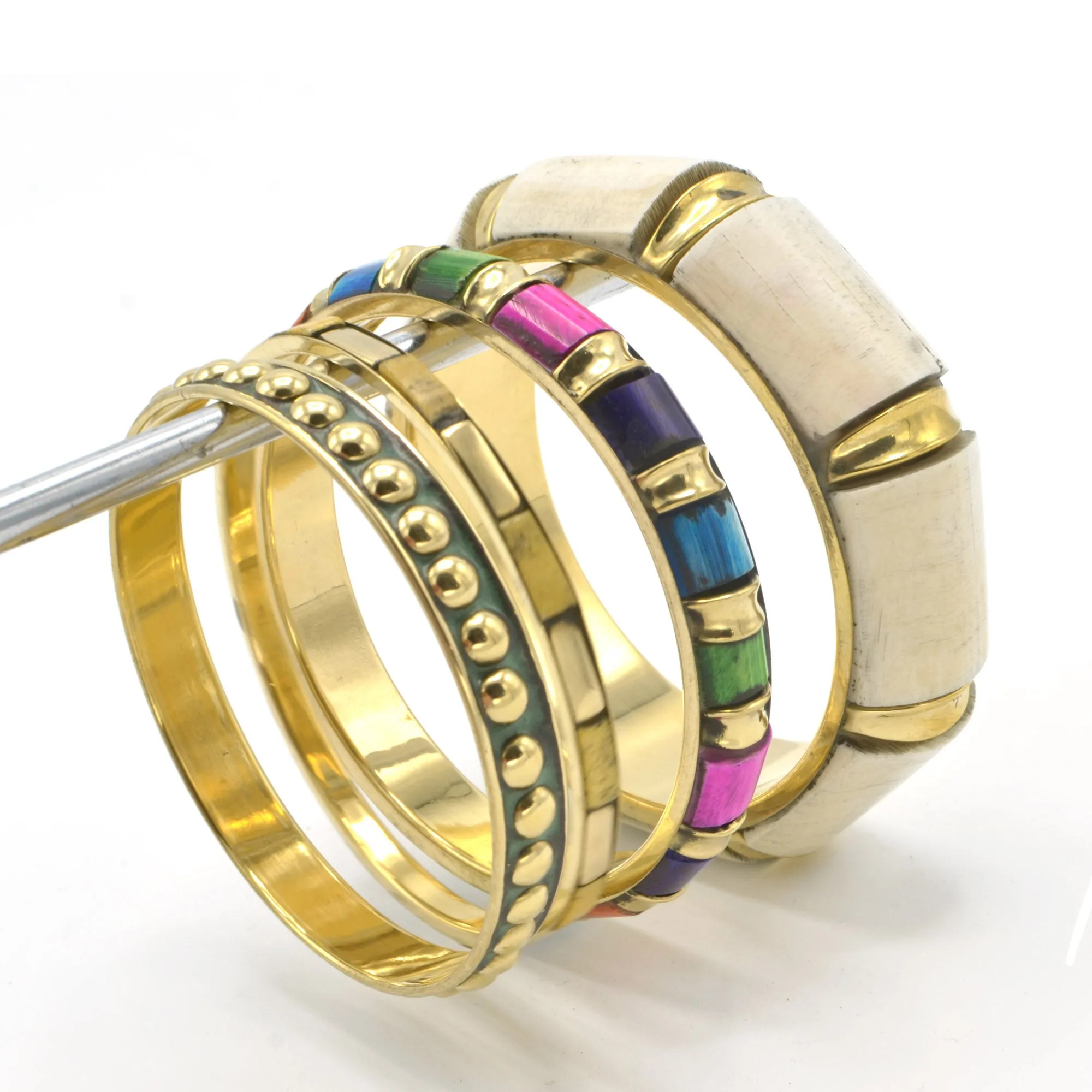 GOLD BRASS WOOD AND RESIN 4 PCS MULTICOLOR BANGLE SET#FWNK-2109-12(EB3)