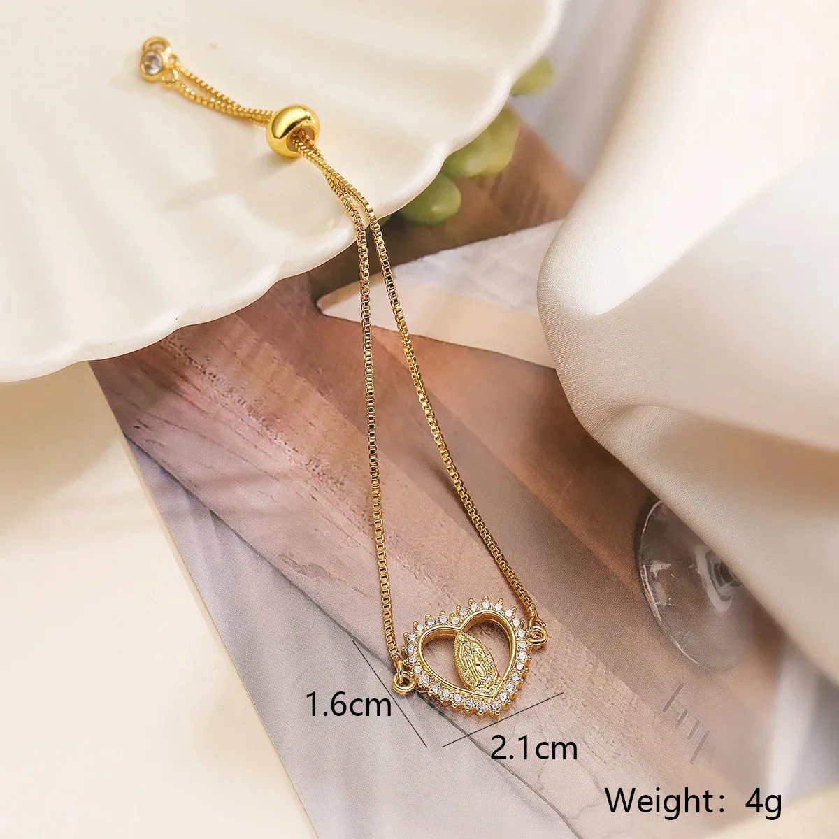 Gold Color Box Chain Virgin Mary Charm Bracelets For Women Shiny CZ Zircon Jewelry