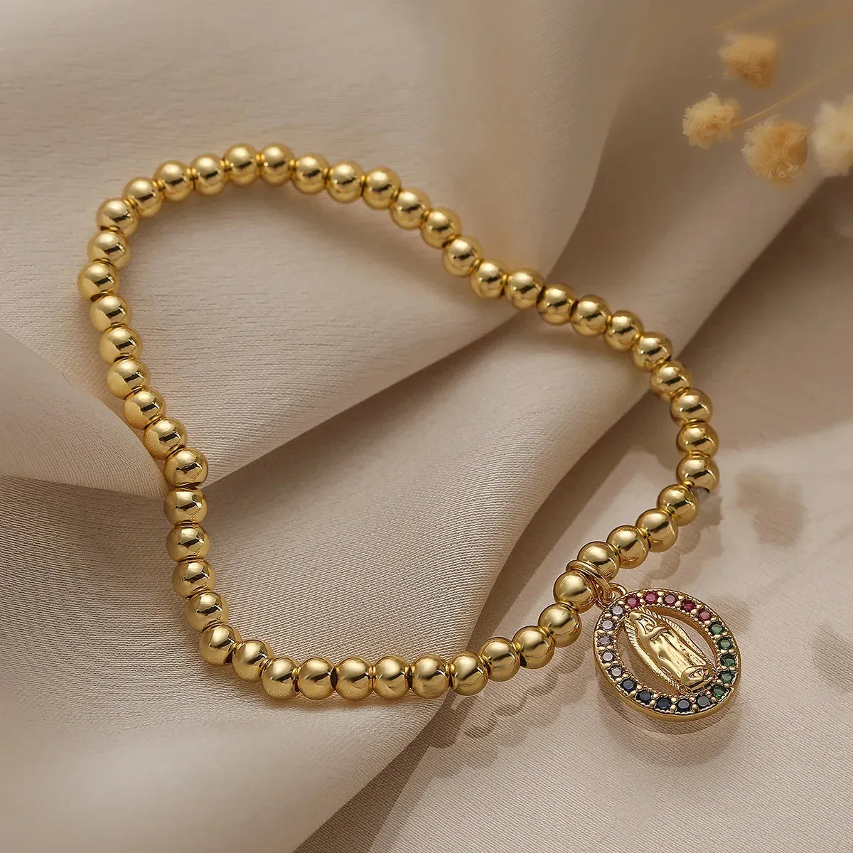 Gold Color Box Chain Virgin Mary Charm Bracelets For Women Shiny CZ Zircon Jewelry