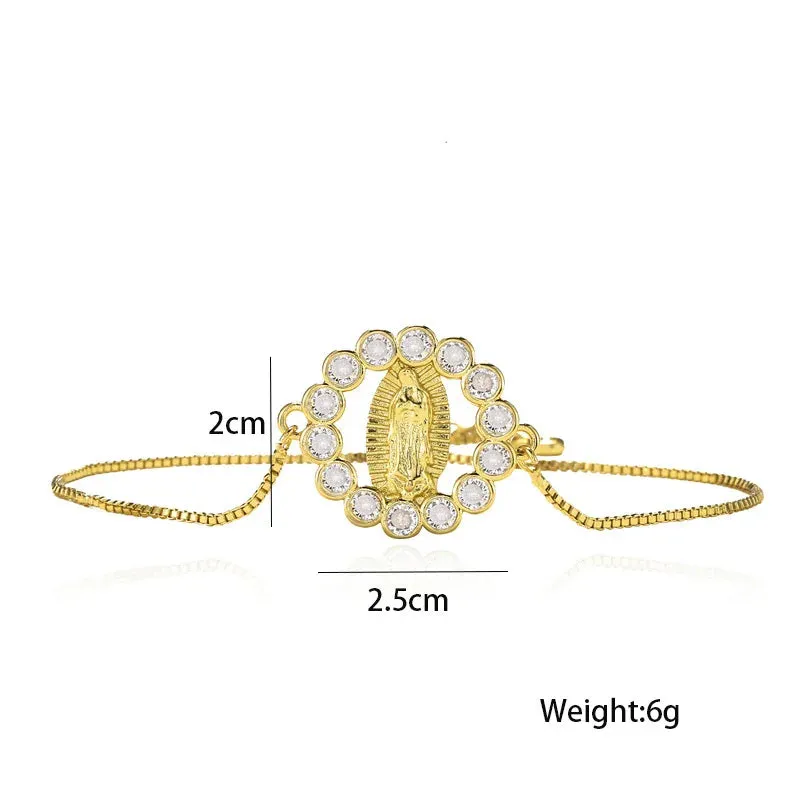 Gold Color Box Chain Virgin Mary Charm Bracelets For Women Shiny CZ Zircon Jewelry