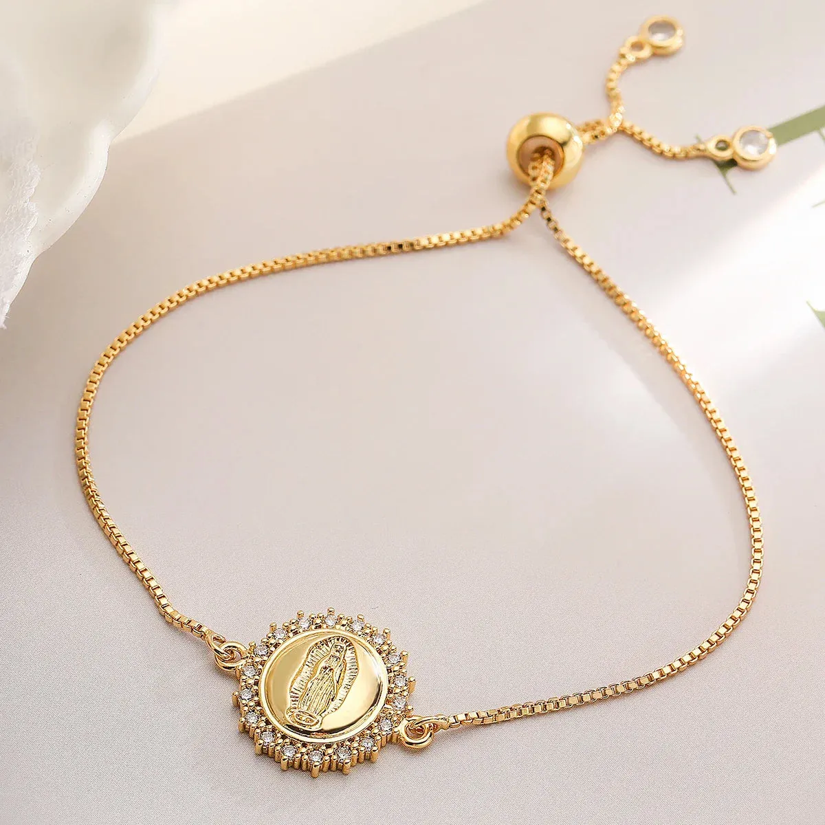 Gold Color Box Chain Virgin Mary Charm Bracelets For Women Shiny CZ Zircon Jewelry
