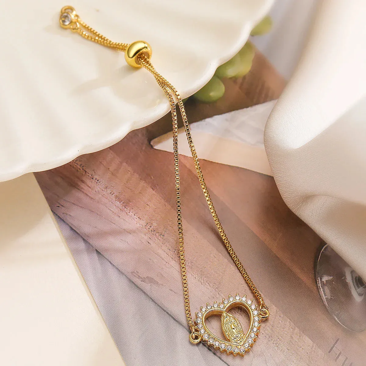 Gold Color Box Chain Virgin Mary Charm Bracelets For Women Shiny CZ Zircon Jewelry