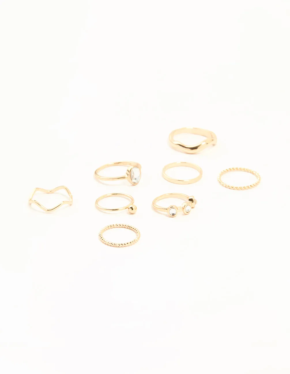 Gold Diamante Zigzag & Twisted Stacking Rings 8-Pack