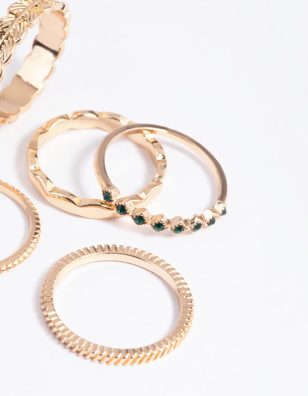 Gold Green Diamante & Leaf Rings 5-Pack