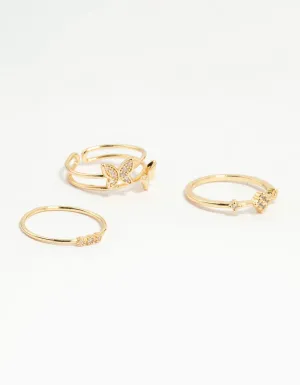 Gold Plated Cubic Zirconia Butterfly Rings 3-Pack