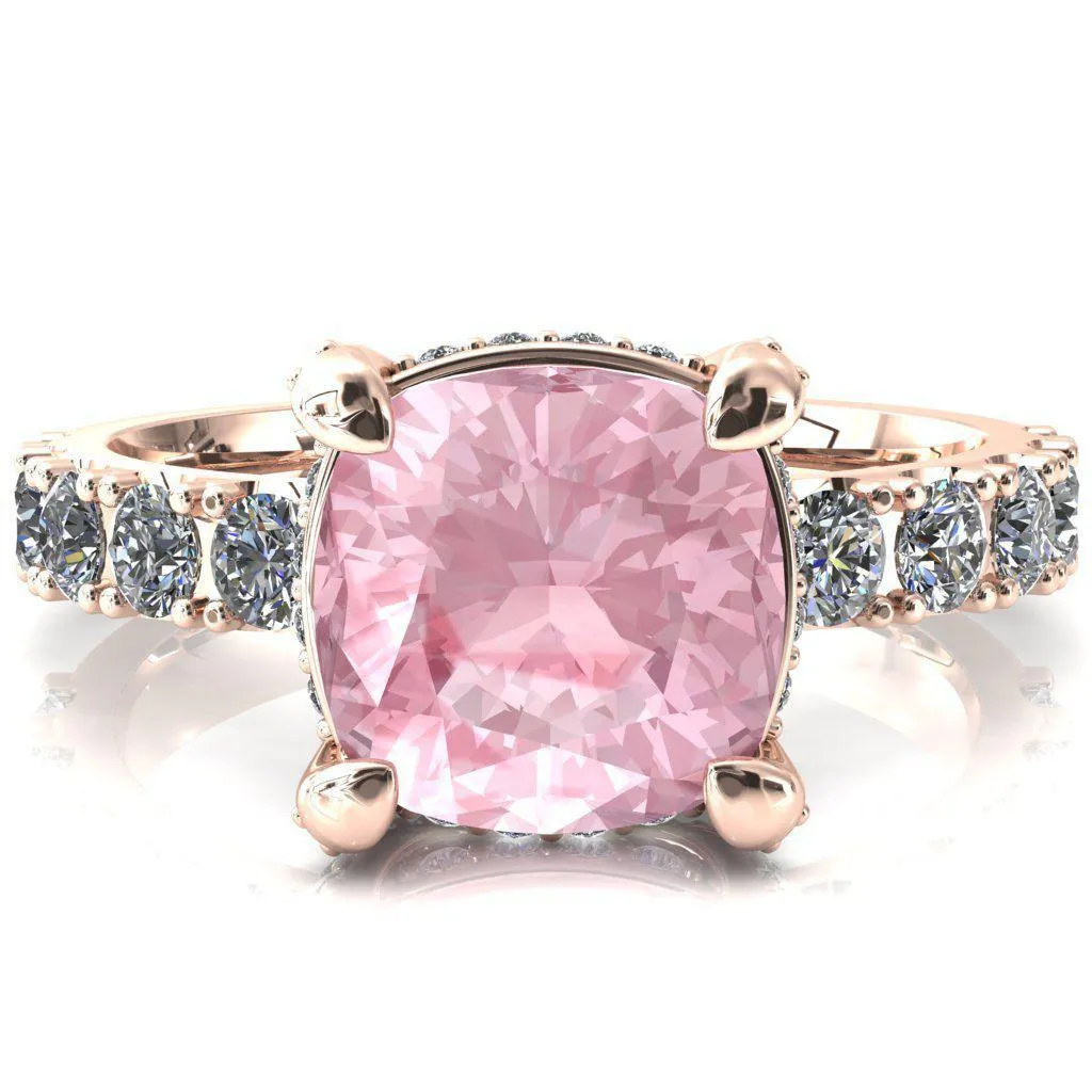 Grandeur Cushion Pink Sapphire 4 Prong Basket and Half Eternity Fire Ring