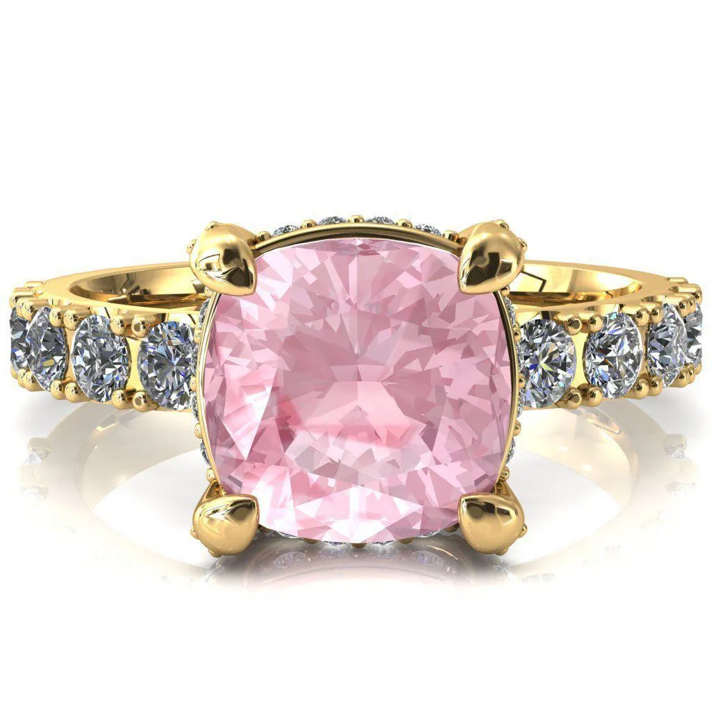 Grandeur Cushion Pink Sapphire 4 Prong Basket and Half Eternity Fire Ring
