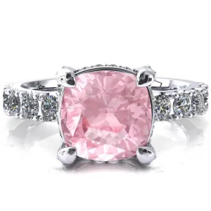 Grandeur Cushion Pink Sapphire 4 Prong Basket and Half Eternity Fire Ring