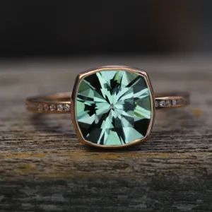 Green Amethyst and Diamond Rose gold Cushion Cut Bezel and Channel Ring
