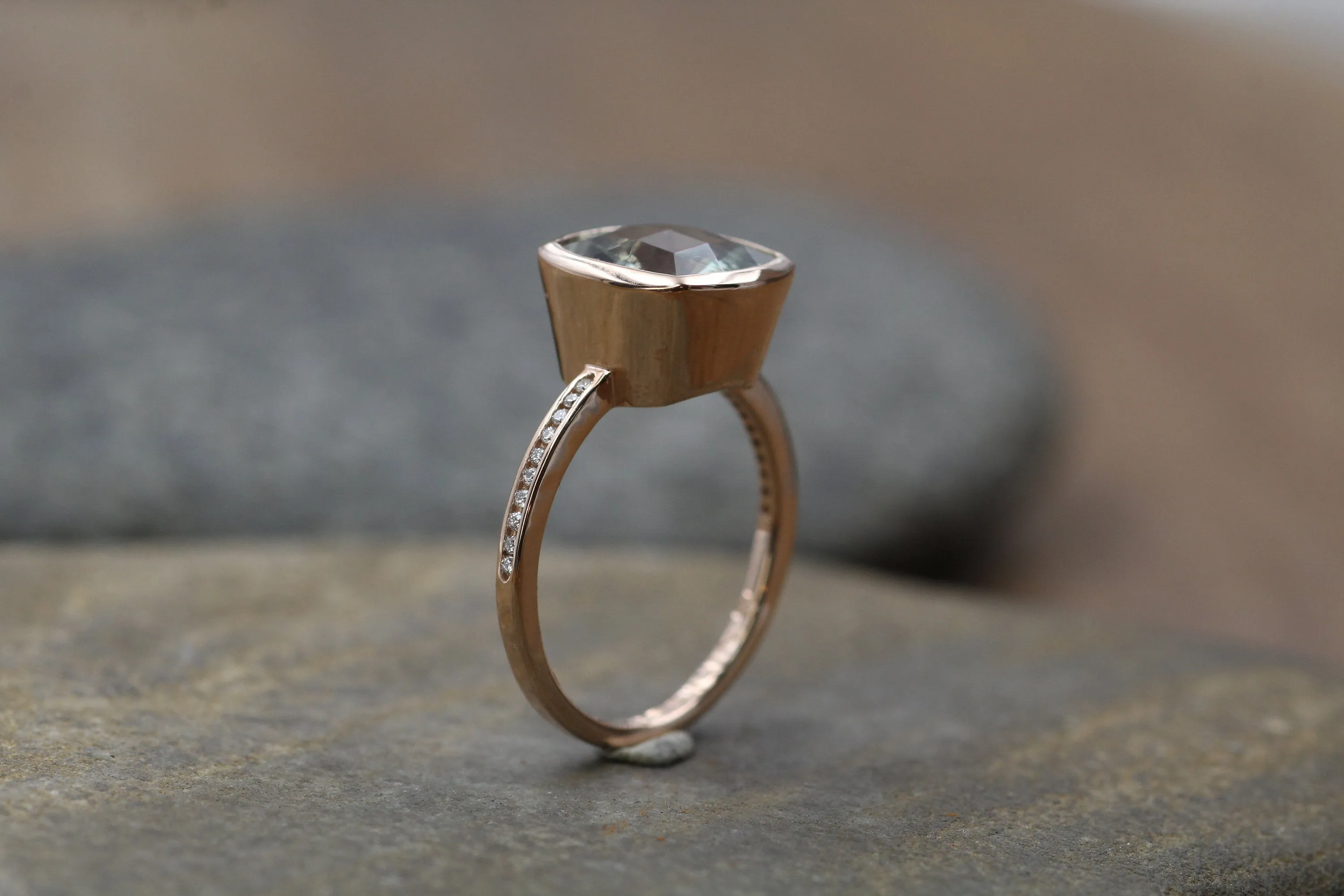 Green Amethyst and Diamond Rose gold Cushion Cut Bezel and Channel Ring