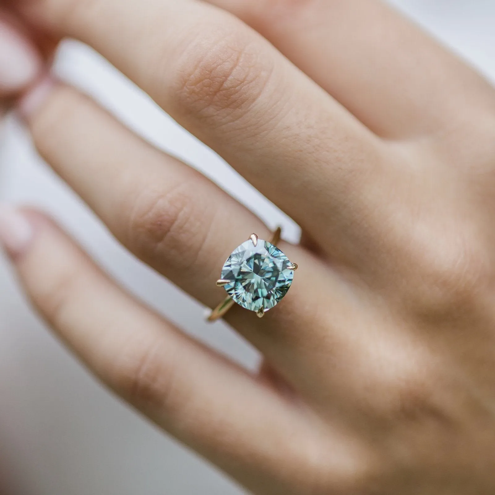 Green Blue Cushion Moissanite Ring Unique Hidden Halo Engagement Ring Gold Wedding Band  anniversary gift  Antique blue moissanite ring